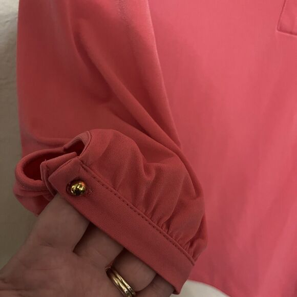 New York & Co Top Womens Size S Stretch Coral Pink Blouse Popover V Neck Buttons - Picture 4 of 6